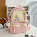 Rosa gelber süßer Campus Rucksack mit niedlichen Ansteckern, großer Schulterrucksack für die Schule. - Groß Mit Anhänger / Rosa