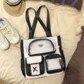 Süßer Farblich abgestimmter Canvas-Rucksack mit transparentem Fach und Fächern für Schüler - Tragetasche (Ohne Anhänger Oder Plüschtier) / Schwarz