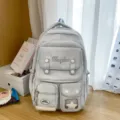 Hellgrauer Canvas Rucksack mit vielen Taschen, koreanischer Schulranzen für Studentinnen. - Ohne Anhänger / Blau