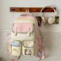Rosa Schulrucksack mit vielen Fächern, süßer koreanischer Stil für Mädchen Alltag - Ohne Anhänger / Rosa Und Gelb Patchwork