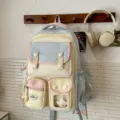 Süßer koreanischer Pastell Rucksack mit mehreren Fächern für Mädchen und Studenten Schultasche - Ohne Anhänger / Blau Und Gelb Patchwork