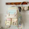 Pastell süßer College Stil Rucksack mit vielen Fächern ästhetische Schultasche für Damen - Ohne Anhänger / Grün-Gelber Farblock