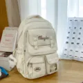 Cremeweiss Mehrfach Faecher Canvas Rucksack, niedliche schueler Freizeit Schultasche. - Mit Anhänger / Weiß