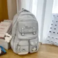 Niedlicher grauer Rucksack im College-Stil mit vielen Taschen für jugendliche Mädchen - Mit Anhänger / Blau