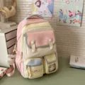 Koreanischer Stil Canvas Schulrucksack mit Fächern in Pastell Rosa Gelb Farbblock Design für - Mit Anhänger / Rosa Und Gelb Patchwork