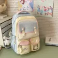 Süßer Pastell Schulrucksack Mehrfachtaschen Canvas Büchertasche für Teenager Mädchen - Mit Anhänger / Blau Und Gelb Patchwork