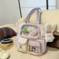 Süße Pastell Canvas Tragetasche mit Sichtfenster, kawaii Ita-Bag und niedlichem Plüschhasen. - Tragetasche (Mit Anhänger Und Zwei Lollis) / Lila