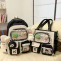 Farbeblock süßes Schüler Rucksack Set mit klarem Fach und niedlichem Plüschhasen für Mädchen - 2-Teiliges Set (Mit Anhänger und Zwei Lollis) / Schwarz