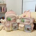 Süßer farbblockierender Studentenrucksack und Tragetaschenset mit durchsichtiger Vordertasche. - 2-Teiliges Set (Mit Anhänger und Zwei Lollis) / Rosa