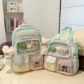 Süßer Dopamin-Farbblock ästhetischer Rucksack und Tragetasche Set mit Plüschhase. - 2-Teiliges Set (Mit Anhänger und Zwei Lollis) / Grün