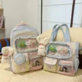 Süßer pastellfarbener Farbblock-Schülerrucksack und Tragetasche mit süßen Plüschhasen. - 2-Teiliges Set (Mit Anhänger und Zwei Lollis) / Blau