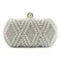 Detailansicht einer handgefertigten weißen Perlen-Clutch mit elegantem Diamant-Kristallverschluss. - 20x11x7cm / Weiß
