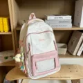 Hübscher weißer, rosa Sternen-Schulrucksack mit transparenter Fronttasche für Studenten. - Rosa Rucksack Mit Mondanhänger