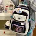 Farbblock Schulrucksack Ita Bag Set mit Sichtfenster und süßem Anhänger für den Campusalltag. - Rucksack (Mit Zubehör) / Schwarzer Rucksack + Anhänger + 3 Abzeichen + 1 Stern