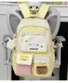 Süßer koreanischer Canvas Rucksack für Mädchen, gelbe Karomuster Schultasche mit Katzenstickerei. - Mit Abzeichen und Anhänger / Gelb