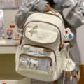Süßer zweiteiliger Canvas-Schulrucksack für Mädchen, stylischer Ita-Bag mit Sichtfenster. - Rucksack (Mit Zubehör) / Weiß + Anhänger + 3 Runde Abzeichen + 1 Rosafarbener Stern