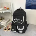 Schwarzer College-Stil Schulrucksack mit vielen Taschen und weisser Borte fuer den Alltag. - Rucksack (Ohne Anhänger) / Schwarz