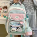 Farblich abgesetzter, süßer Schulrucksack für Damen, niedliche College-Stil Büchertasche. - Rucksack (Mit Zubehör) / Grün + Anhänger + 3 Runde Abzeichen + 1 Rosafarbener Stern