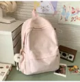 Rosa Schulrucksack aus Leinen mit süßer Schleifenstickerei und flauschigem Anhänger. - L / Mit Anhänger / Rosa