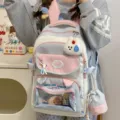 Süßer farbblock Schulrucksack mit niedlichem Hasenanhänger und transparenter Tasche. - Rucksack (Mit Zubehör) / Blau + Anhänger + 3 Runde Abzeichen + 1 Rosafarbener Stern