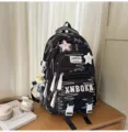 Koreanischer Stil ins schwarzer gesteppter Rucksack grosse Kapazität Schultasche für Studenten - Mit Schmetterlingsstern und Mondanhänger / L / Schwarz