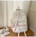 Koreanischer Stil süßer weißer Rucksack, Schulranzen mit mehreren Fächern und rosa Akzenten. - Weiß groß + 2 Schmetterlingssterne + Mondanhänger