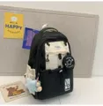 Klassischer schwarz-weißer Kontrast Rucksack süße Schultasche mit einer kleinen Tasche - Mit Anhänger / L / Schwarz