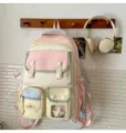 Süßer pastellfarbener Studenten Rucksack mit vielen Taschen und Sichtfenster für den Alltag. - Rucksack (Ohne Anhänger) / Rosa & Gelb