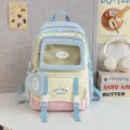 Süßer farbblockierter Schulrucksack Ita-Bag mit transparenter Tasche für Kinder Schüler - Blau Groß (Ohne Abzeichen und Anhänger)