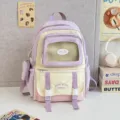 Bunter süßer Canvas Schulrucksack mit transparenter Fronttasche und niedlichen Bären Bestickungen. - Lila Groß (Ohne Abzeichen und Anhänger)
