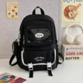 Schwarzer Schulrucksack mit transparentem Frontfach, weißem Rand, süße Schultasche. - Schwarz Groß (Ohne Abzeichen und Anhänger)