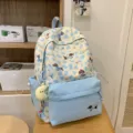 Niedlicher blauer Kuh-Muster Studentenrucksack mit Hundemuster und Plüschanhänger für Schule. - L / Groß Blau mit Anhänger