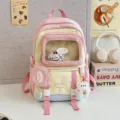 Süßer farbblockierender Canvas Ita Rucksack mit Sichtfenster, rosa gelbe Schultasche für Mädchen - Rosa Groß (Mit Abzeichen und Anhänger)