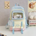 Süßer Pastell-Farbblock-Schulrucksack mit transparentem Sichtfenster für Kinder und Schüler. - Blau Groß (Mit Abzeichen und Anhänger)