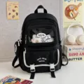 Schwarzer Schulrucksack süße Ita Bag mit Sichtfenster, niedlichem Plüsch und weißem Rand. - Schwarz Groß (Mit Abzeichen und Anhänger)