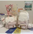 Japanischer ins süßer Stern Katze Pain Rucksack Tote Bag Set süße Schultasche mit Sichtfenster - Rucksack und Tragetasche Set mit Hase und 4 Hunden / Rosa