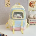 Niedlicher Pastell-Schulranzen mit Kontrastfarben, Sichtfenster und kleinen Tasche. - Gelb Groß (Mit Abzeichen und Anhänger)