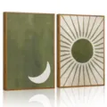 Conjunto de arte de pared de lienzo de sol y luna boho, detalles de pintura decorativa enmarcada. - 40x60cm / Líneas Abstractas Sol Y Luna (26Y50156) / Juego de Lienzo Y Marco PS