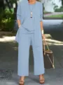 Women's casual 3-piece pants set solid color cardigan tank top and straight trousers - S / Set / Sky Blue