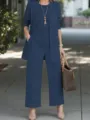 Κομψό γυναικείο casual σύνολο τριών τεμαχίων με κομψή ζακέτα, τοπ και ίσια παντελόνια. - S / Σετ / Σκούρο μπλε