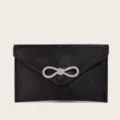 Schwarze Satin Abendtasche Kuendeltasche mit Strass Schleife, elegante Party Umhaengetasche. - Schwarz