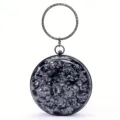 Damen runder Abendtasche mit Strass Metallring Griff, schwarzer Marmor Box Clutch. - Schwarz