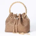 Champagner goldene Strass-Eimer-Tasche mit rundem Kristallgriff und schicker Kette. - Gold
