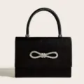 Schwarze Satin Abendtasche mit Strass Schleife, elegante Handtasche für formelle Anlässe. - Schwarz