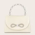 Elegante Satin Handtasche mit Perlen Griff und Strass Schleife für elegante Party Damen. - 20.3*22*7CM / Champagner