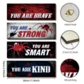 Wooden wall art detail showing metal hook, 0.5cm thickness, and high definition printing effect. - Cartoon Spider Inspirational Plaque (Y26Y90670_Q) / 4 Pieces/Pack (30x10x0.5cm)
