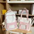 Niedliches weiß-rosa Schulrucksack- und Umhängetasche-Set mit transparenter Sternen-Tasche. - Zweiteiliges Set Rosa Mit Mondanhänger