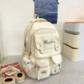 Süßer ästhetischer beige Canvas Schulrucksack mit vielen Taschen und Bär Anhänger. - Rucksack Mit Anhänger / Weiß
