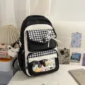 Japanischer Stil Anime Ita Rucksack schwarz weiß Karo Schultasche mit Sichtfenster - Mit Anhänger-Set / Schwarz