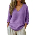 Γυναικείο Casual Χαλαρό V-Neck Μακρυμάνικο Λινό Τοπ Άνοιξη Καλοκαίρι Μόδα Μπλούζα Λευκό - S / Tops / Ανοιχτό Μοβ